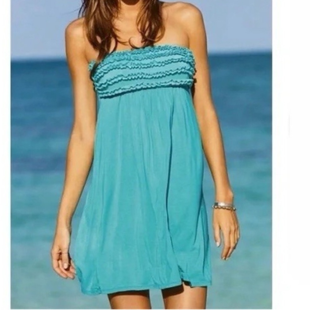 Victoria’s Secret 👗 Turquoise Strapless Ruffled Mini Dress Adjustable Tie Back-S